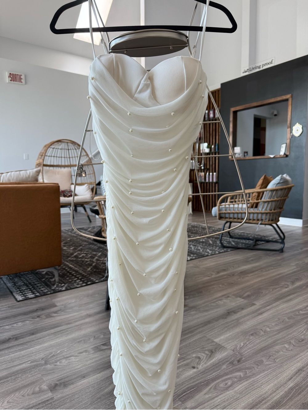 Ivory Pearl-Embellished Draped Slip Dress